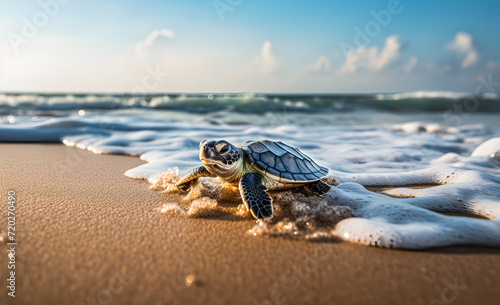 A sea turtle crawls toward the ocean.