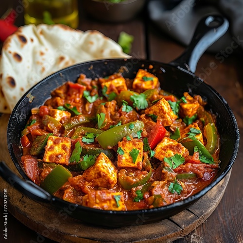 Restaurant-style paneer tika masala in a pan, on a wooden block on a white background, traditional Indian food, capsicum, onion, butter, carrot, chilies, parsley photo