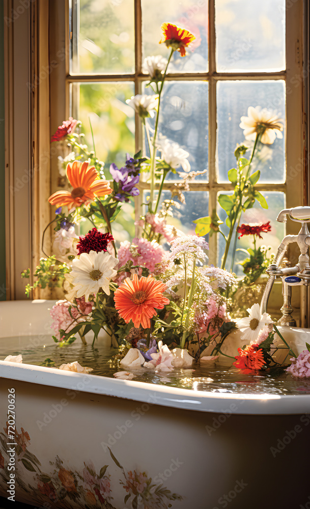 A bathtub full of flowers.