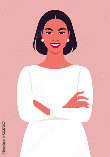Portrait of a curve Hispanic woman with crossed arms. Office professions. Vector flat illustration
