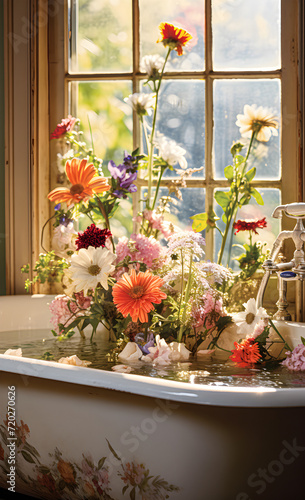 A bathtub full of flowers.