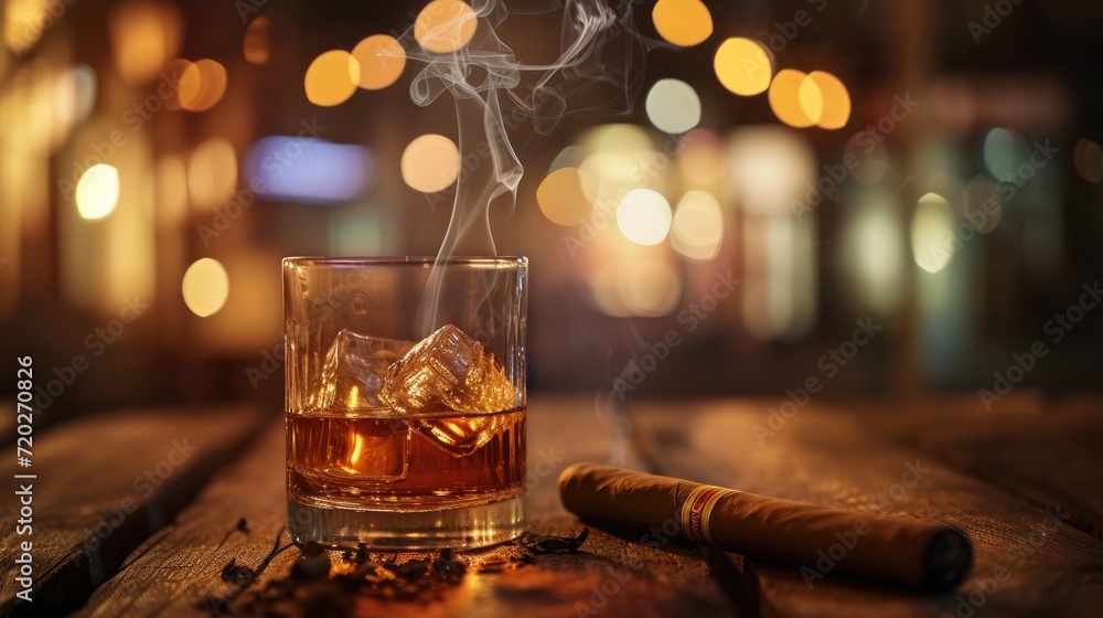A glass of whiskey and a cigar on a wooden table A glass of whiskey and a cigar on a wooden table