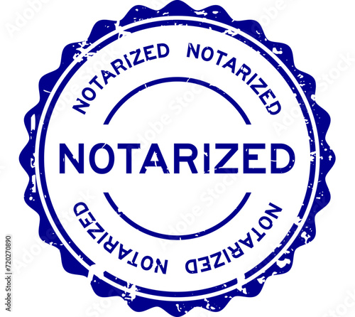 Grunge blue notarized word round rubber seal stamp on white background