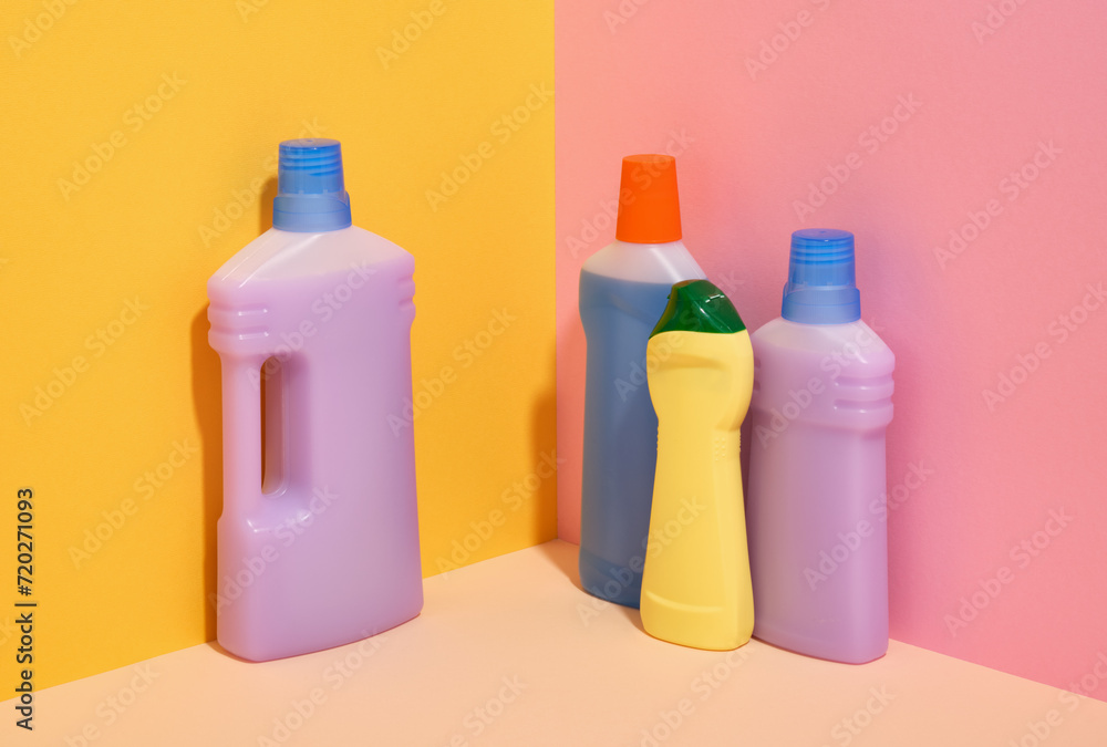 Cleaning products and detergents for cleaning. Bottles of different colors and sizes. Cleaning products and detergents for cleaning. Bottles of different colors and sizes.
