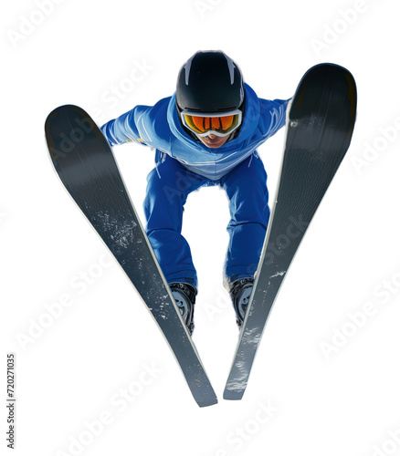 Ski jumper sportsman during skijump, front view of V-style, isolated on white or transparent