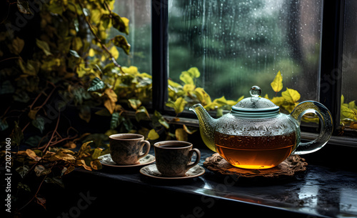 A teapot of tea by a rainy window.