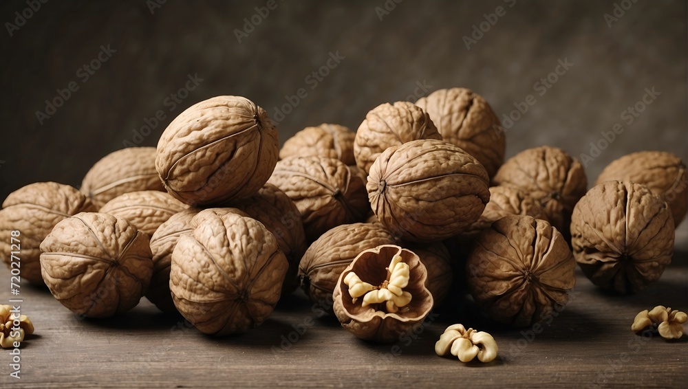 fresh Walnuts kernels on authentic wooden table with leaves, Whole walnut in wood vintage bowl.