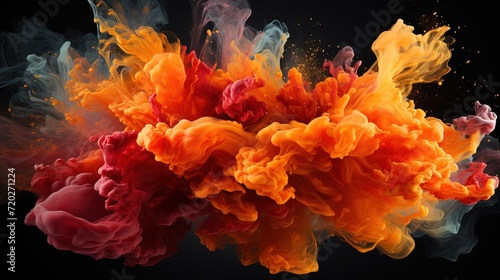 Color ink images moving through the air  Red and orange color explodes dynamite  A Symphony of Colors  Ethereal Ink Images Dancing in the Air - Abstract AI Cloud Explosion
