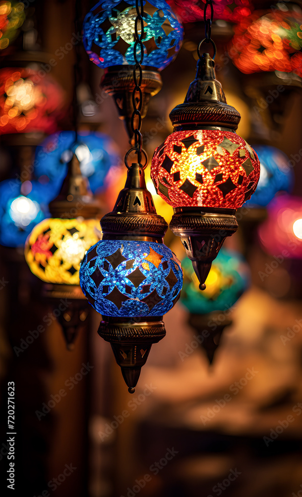 Glowing Turkish lanterns, on a dark background