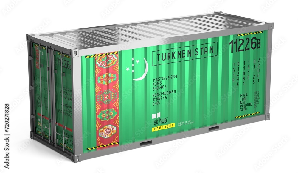 Freight shipping container with national flag of Turkmenistan on white background - 3D illustration Freight shipping container with national flag of Turkmenistan on white background - 3D illustration
