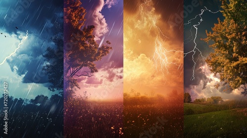 This striking quadriptych captures the intense and diverse moods of stormy weather, from torrential rain to the calm after the storm, in a vivid, dynamic display.