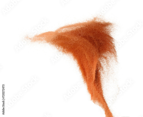 Sand Storm desert with wind blow spin swirl around. Brick red sand tornado storm with high wind. Fine Sand circle around, White background Isolated throwing particle element object