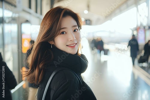Beautiful and stylish female K-Pop idol smiles as she poses for the camera at korean airports. generative AI photo