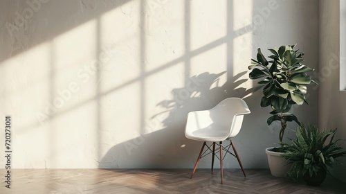 A serene corner with a modern white chair and lush potted plants  casting soft shadows on a warm  sunlit wall.