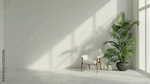 A minimalist interior featuring a sleek white chair and a collection of vibrant indoor plants bathed in soft window light.