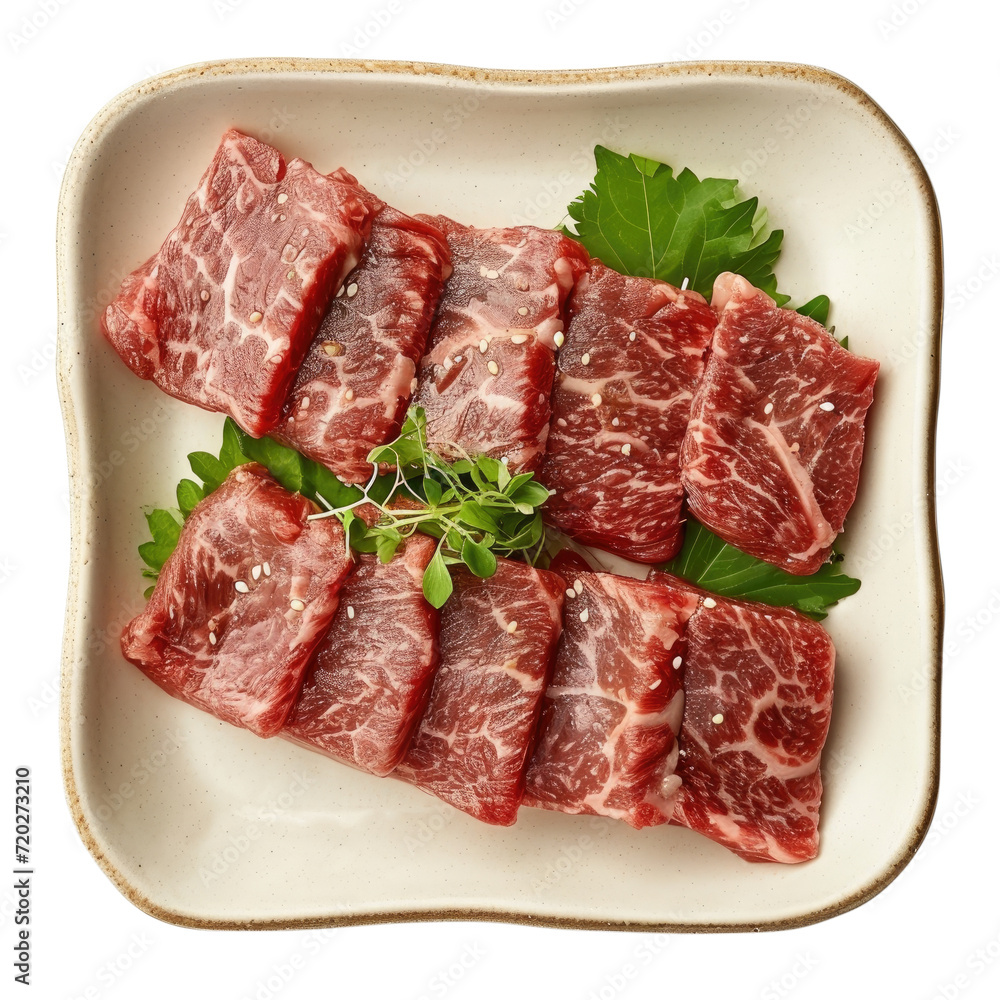 Premium Rare Slices Wagyu beef with high-marbled texture on plate, Transparent background