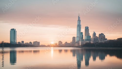 A cityscape at dawn, with abstract reflections of the first light on city landmarks and quiet streets, portrayed in soft and pastel tones to create a peaceful and meditative urban atmosphere.