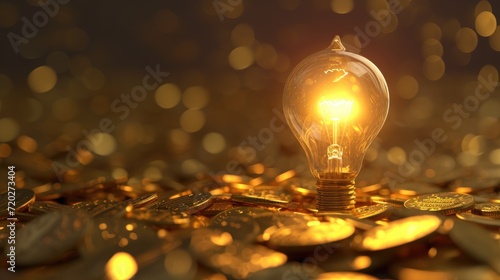 A light bulb on a background of gold coins