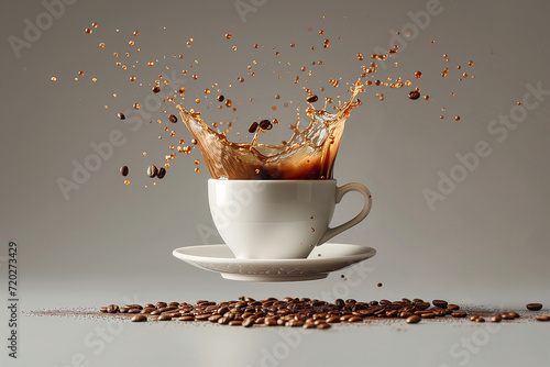 Flying cup with coffee in air on a grey background