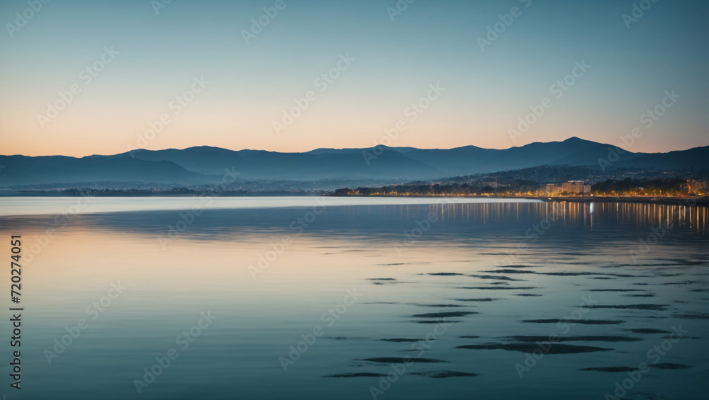 A cityscape at twilight, featuring abstract reflections of city lights on calm waters and distant hills, portrayed in a tranquil and sophisticated color palette to create a peaceful and contemplative 