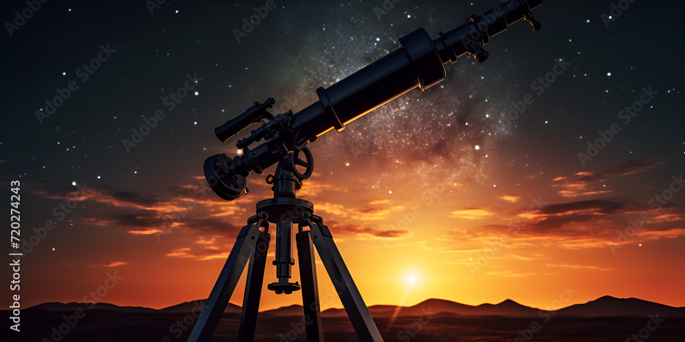 Twilight sky astronomy telescope silhouette Telescope a powerful telescope for observing distant objects in space stand against sunset background.
 - obrazy, fototapety, plakaty 