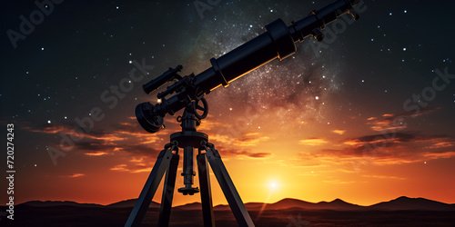 Twilight sky astronomy telescope silhouette Telescope a powerful telescope for observing distant objects in space stand against sunset background.
 photo