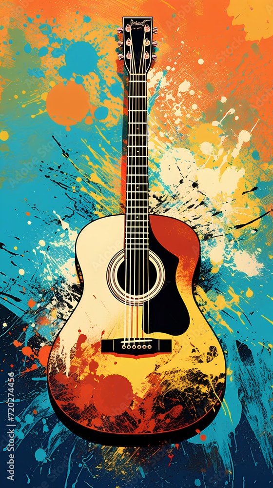 acoustic guitar on the wall with splash colors