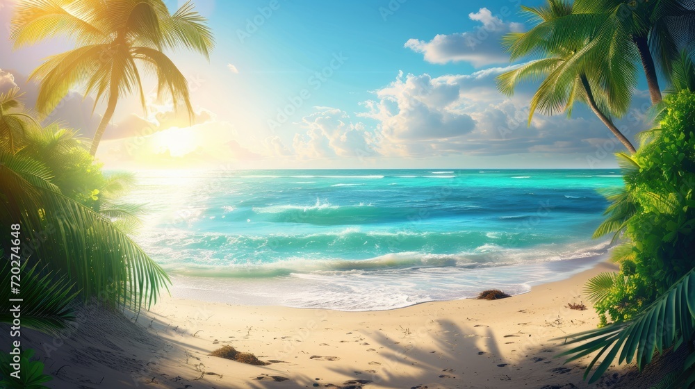 Oceans and palm trees on a tropical beach with sand and sun