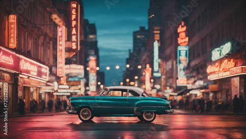 A dynamic metropolis at dusk, showcasing the interplay of neon signs and blurred car lights, captured in a vintage color scheme for a cinematic and enchanting city atmosphere.
