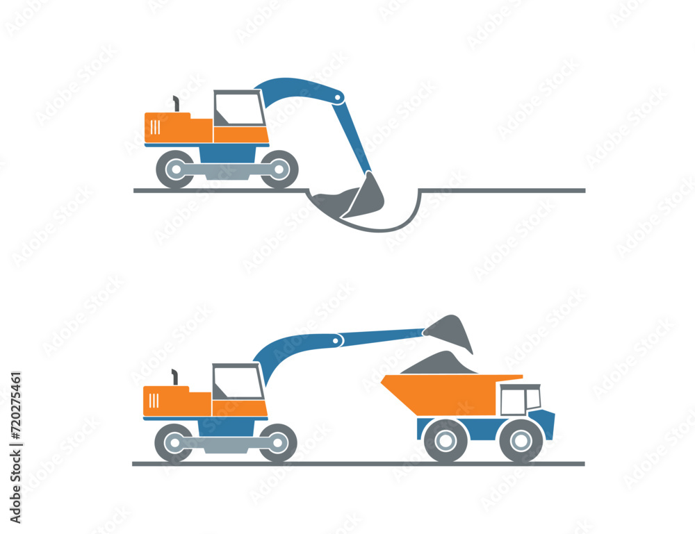 Construction heavy machinery isolated set. Special equipment for construction work. Excavator, tractor, bulldozers, asphalt road roller, road grader.Commercial vehicles. Flat vector illustration. Icon