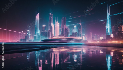 A futuristic city skyline with abstract reflections of holographic projections and futuristic architecture  rendered in a sleek and high-contrast color palette to convey a sense of technological innov