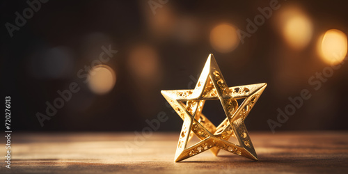 A star shaped gold stang on a wooden table with bokeh light dark background. photo