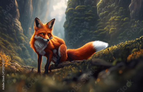 Illustration eines Rotfuchs Fuchs stehend lauernd Blick im Wald als natürlicher Hintergrund mit leicht unscharfen Elementen als Banner Gestaltung Design Vorlage photo