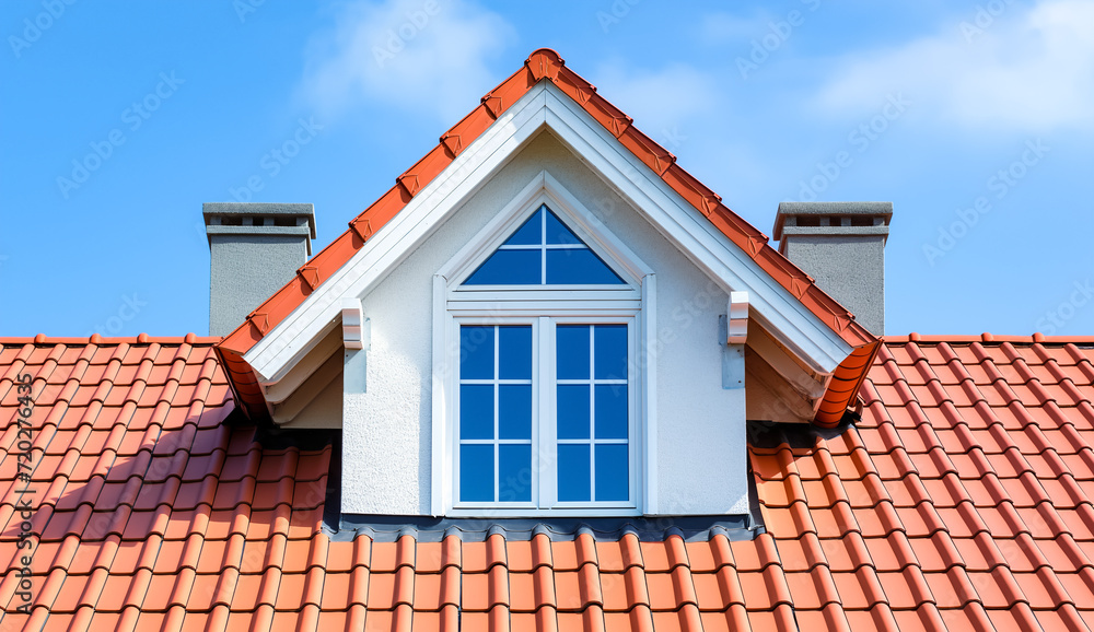 Roof shingles with garret house on top of the house. red Ceramic tiles on the roof background Roof shingles with garret house on top of the house. red Ceramic tiles on the roof background