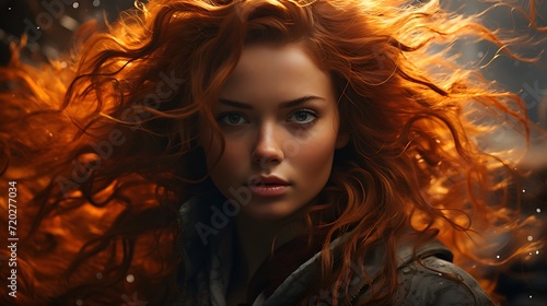 redhead with flowing wavy hair in a winter jacket