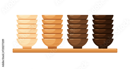 Empty wooden bowls, deep plates or dishes for soup and salad. Kitchen tableware, utensil in stack on shelf of home interior or shop, market. Vector flat cartoon set isolated on white background