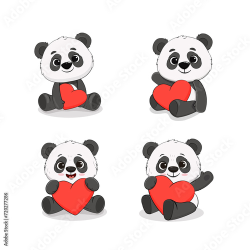 Fototapeta Naklejka Na Ścianę i Meble -  Set of cute cartoon pandas isolated on white.Panda with heart for your design Valentine's Day, birthday, Mother's Day, wedding.