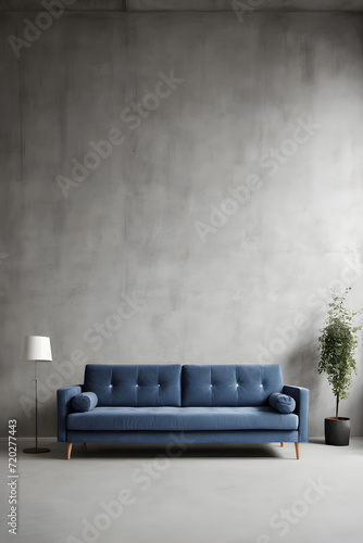 Dark blue sofa with pillows against a concrete gray wall. Scandinavian loft interior design of modern living room in minimalist studio apartment © 360VP