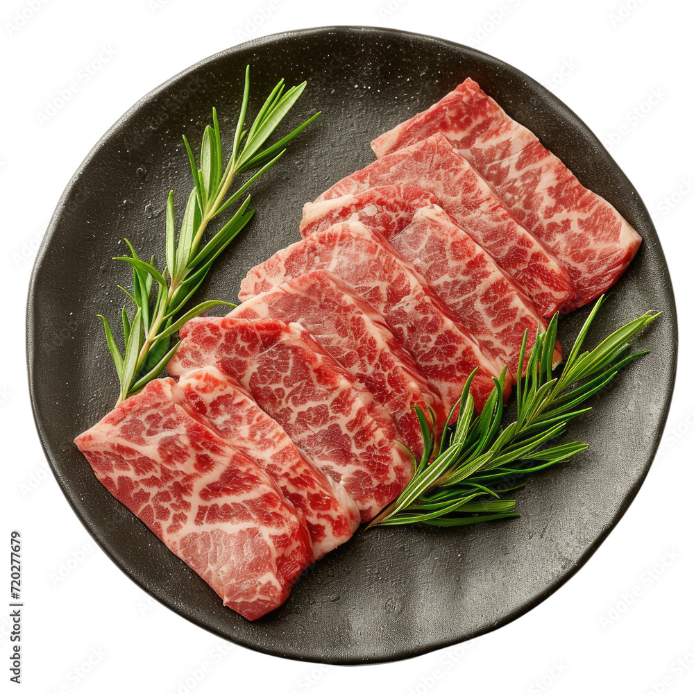 Premium Rare Slices Wagyu beef with high-marbled texture on plate, Transparent background Premium Rare Slices Wagyu beef with high-marbled texture on plate, Transparent background