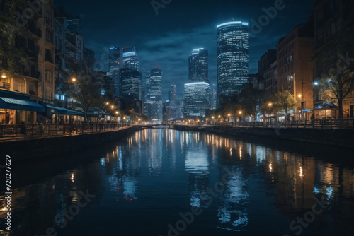 A night scene of a city riverbank with distorted reflections of city lights dancing on the water, rendered in a midnight blue color palette to evoke a sense of urban mystique. © Kasper