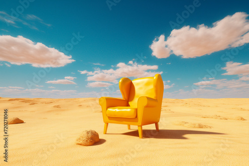 Generative Ai image of a yellow chair in the middle of the desert.
