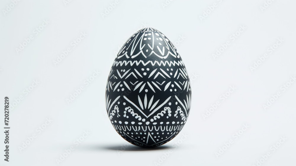 Black and white egg in traditional ethnic painting style. White background. Aesthetic Easter. Copy space. Generative AI Black and white egg in traditional ethnic painting style. White background. Aesthetic Easter. Copy space. Generative AI