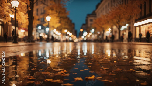 A serene city square during autumn, showcasing abstract reflections of fallen leaves and city lights, rendered in warm and earthy tones to convey the tranquil beauty of an urban fall scene.