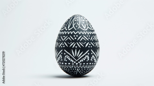 Black and white egg in traditional ethnic painting style. White background. Aesthetic Easter. Copy space. Generative AI