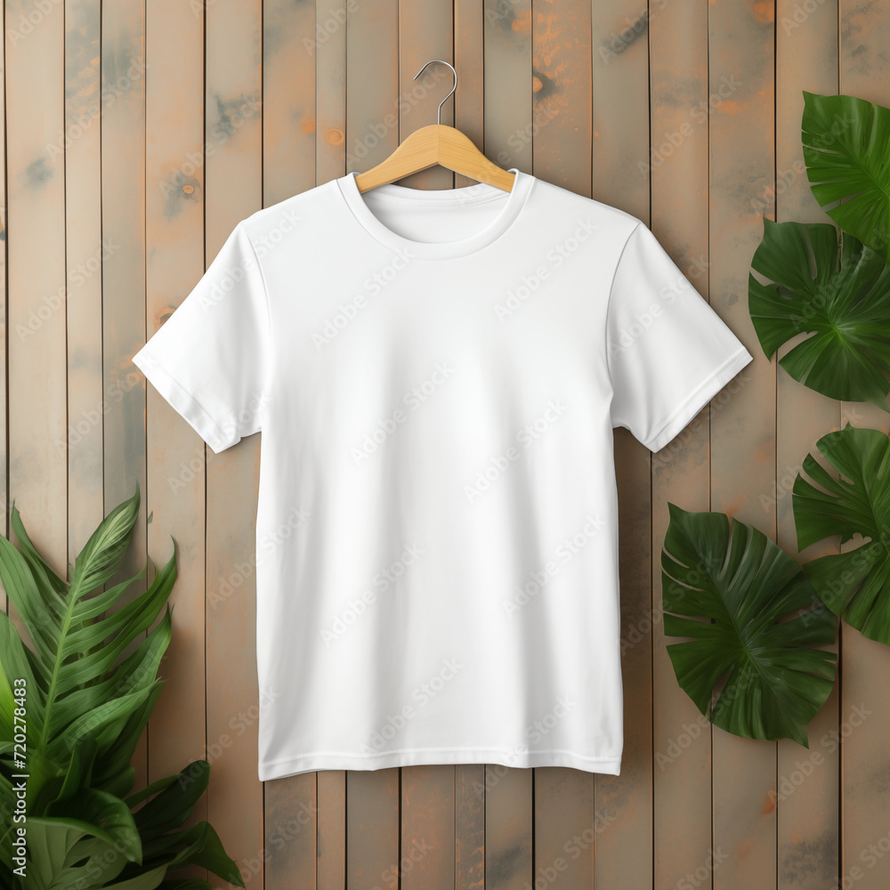 Blank White T-Shirt Mock-up on wooden hanger Blank White T-Shirt Mock-up on wooden hanger
