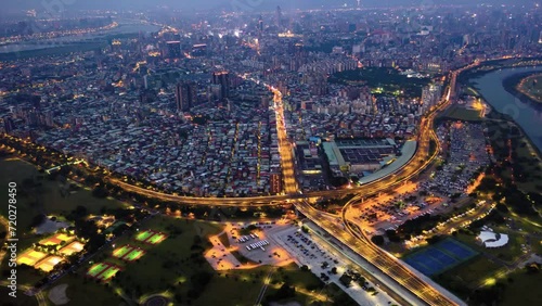 hyperlapse time lapse drone aeril view of night busy city heavy traffic metropolis taipei taiwan