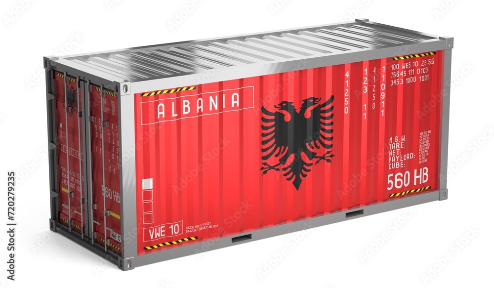 Freight shipping container with national flag of Albania on white background - 3D illustration Freight shipping container with national flag of Albania on white background - 3D illustration