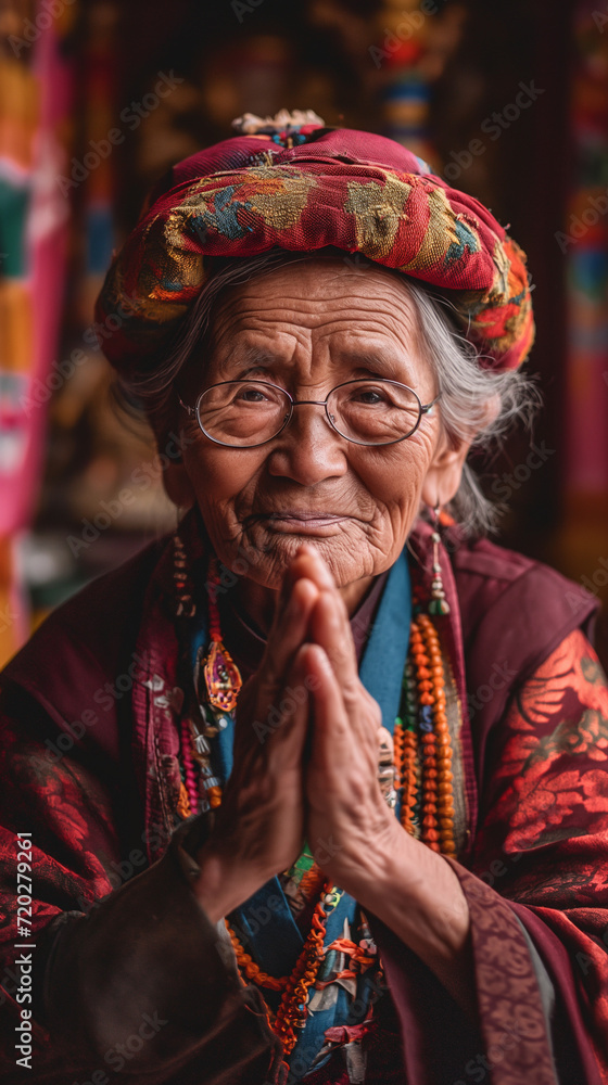 Beautiful tibetan woman holding hands in namaste.