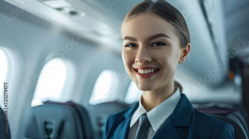Beautiful smiling young flight attendant standing in the airplane cabin © Taisiia