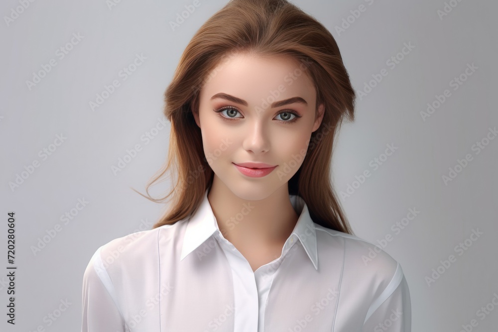 hyper-realistic a friendly operator woman in a sharp white shirt, standing confidently against a white background. Generative AI. hyper-realistic a friendly operator woman in a sharp white shirt, standing confidently against a white background. Generative AI.